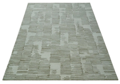 Ivory and Olive Modern Stripes Design Hand Tufted 8x10 wool Area Rug, Kids, Living Room and Bedroom Rug