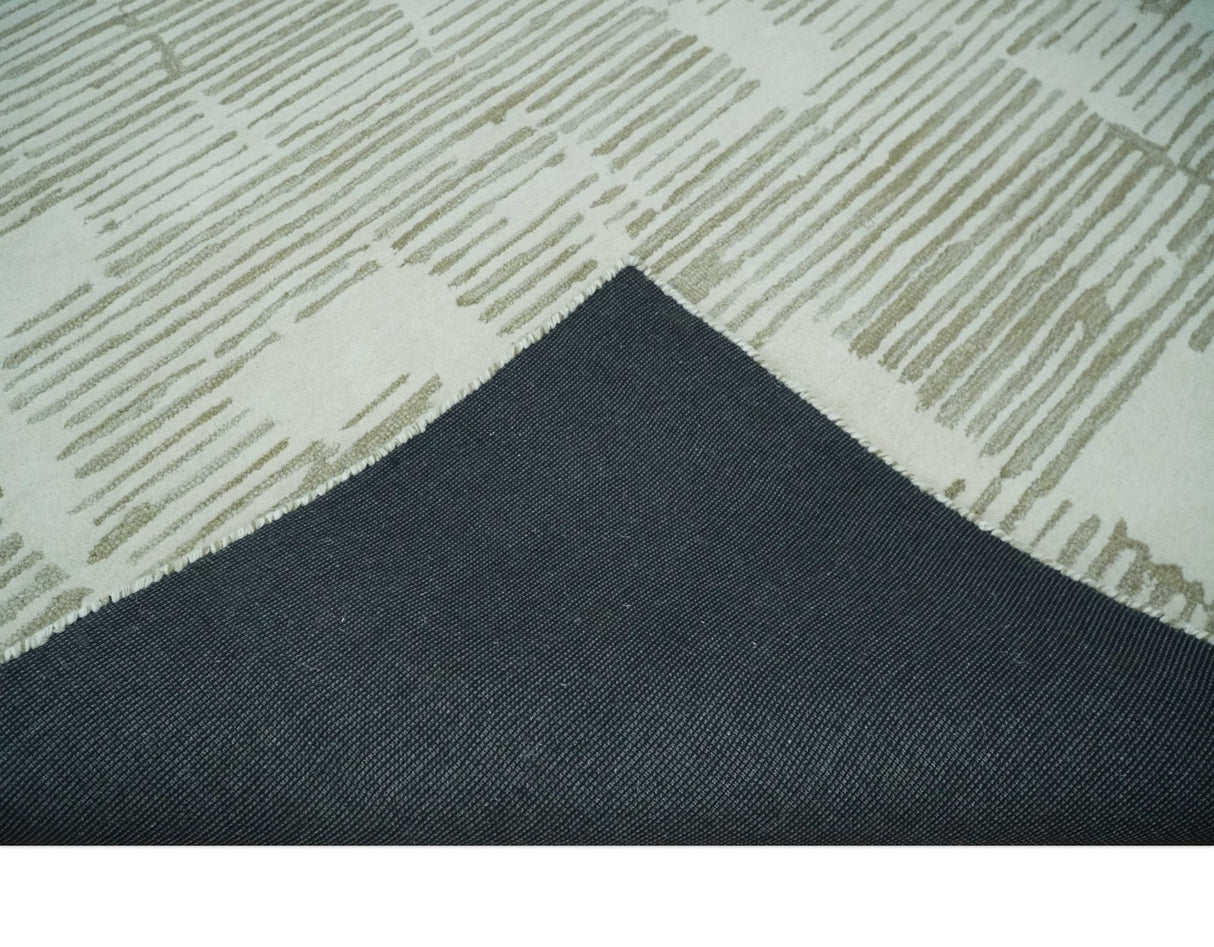 Ivory and Olive Modern Stripes Design Hand Tufted 8x10 wool Area Rug, Kids, Living Room and Bedroom Rug
