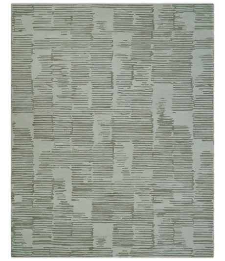 Ivory and Olive Modern Stripes Design Hand Tufted 8x10 wool Area Rug, Kids, Living Room and Bedroom Rug