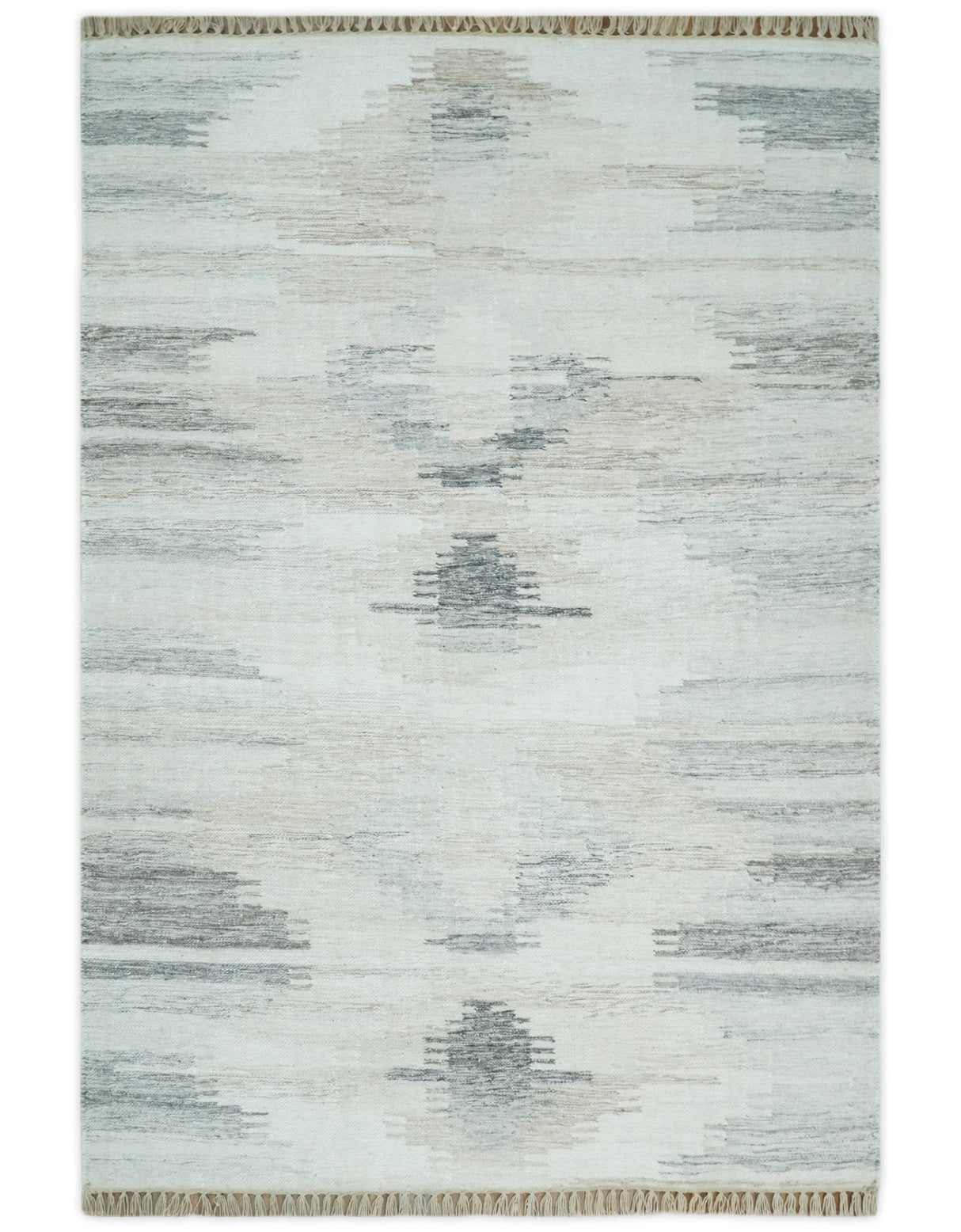 Ivory and Silver fine Wool and Viscose Kilim Rug