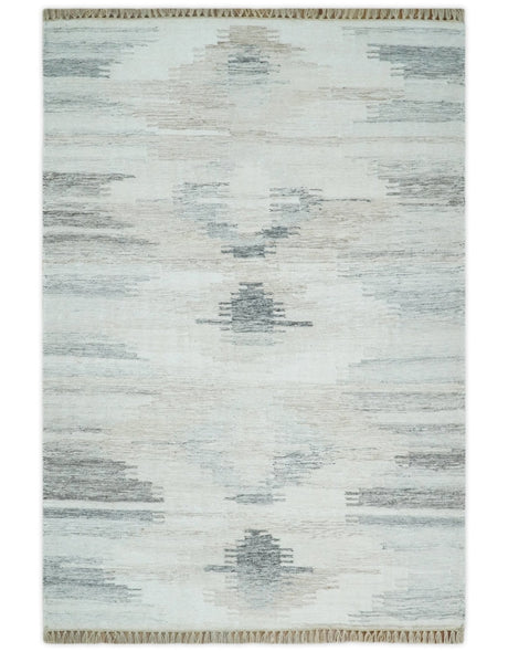 Ivory and Silver fine Wool and Viscose Kilim Rug