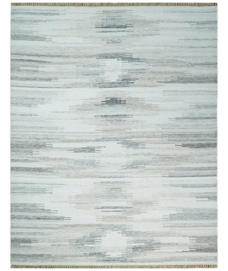 Ivory and Silver fine Wool and Viscose Kilim Rug