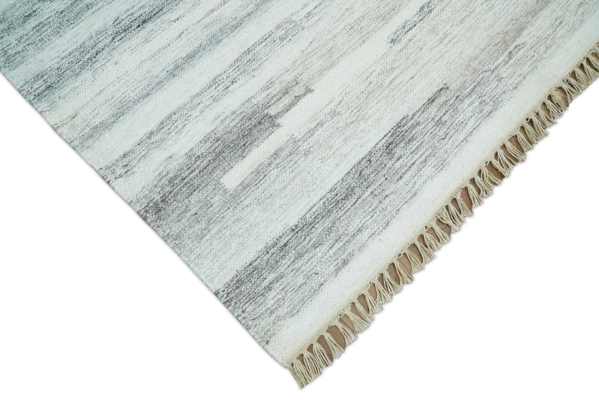 Ivory and Silver fine Wool and Viscose Kilim Rug