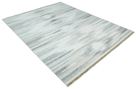 Ivory and Silver fine Wool and Viscose Kilim Rug