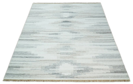 Ivory and Silver fine Wool and Viscose Kilim Rug