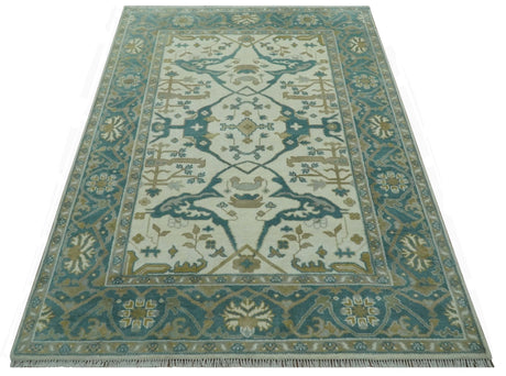 Ivory and Teal Hand Knotted Traditional Oriental Oushak Multi size wool area rug