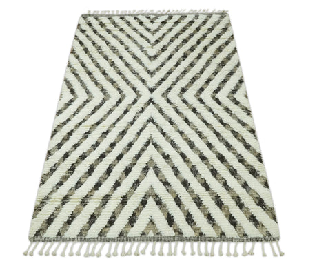 Ivory, Beige and Charcoal Modern Stripes Plush Pile Moroccan Style Hand knotted 5x8 wool Area Rug