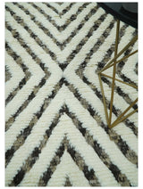 Ivory, Beige and Charcoal Modern Stripes Plush Pile Moroccan Style Hand knotted 5x8 wool Area Rug