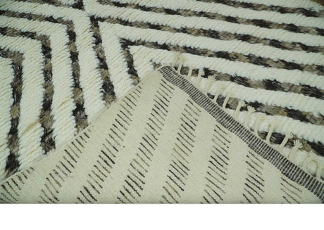 Ivory, Beige and Charcoal Modern Stripes Plush Pile Moroccan Style Hand knotted 5x8 wool Area Rug