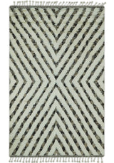 Ivory, Beige and Charcoal Modern Stripes Plush Pile Moroccan Style Hand knotted 5x8 wool Area Rug