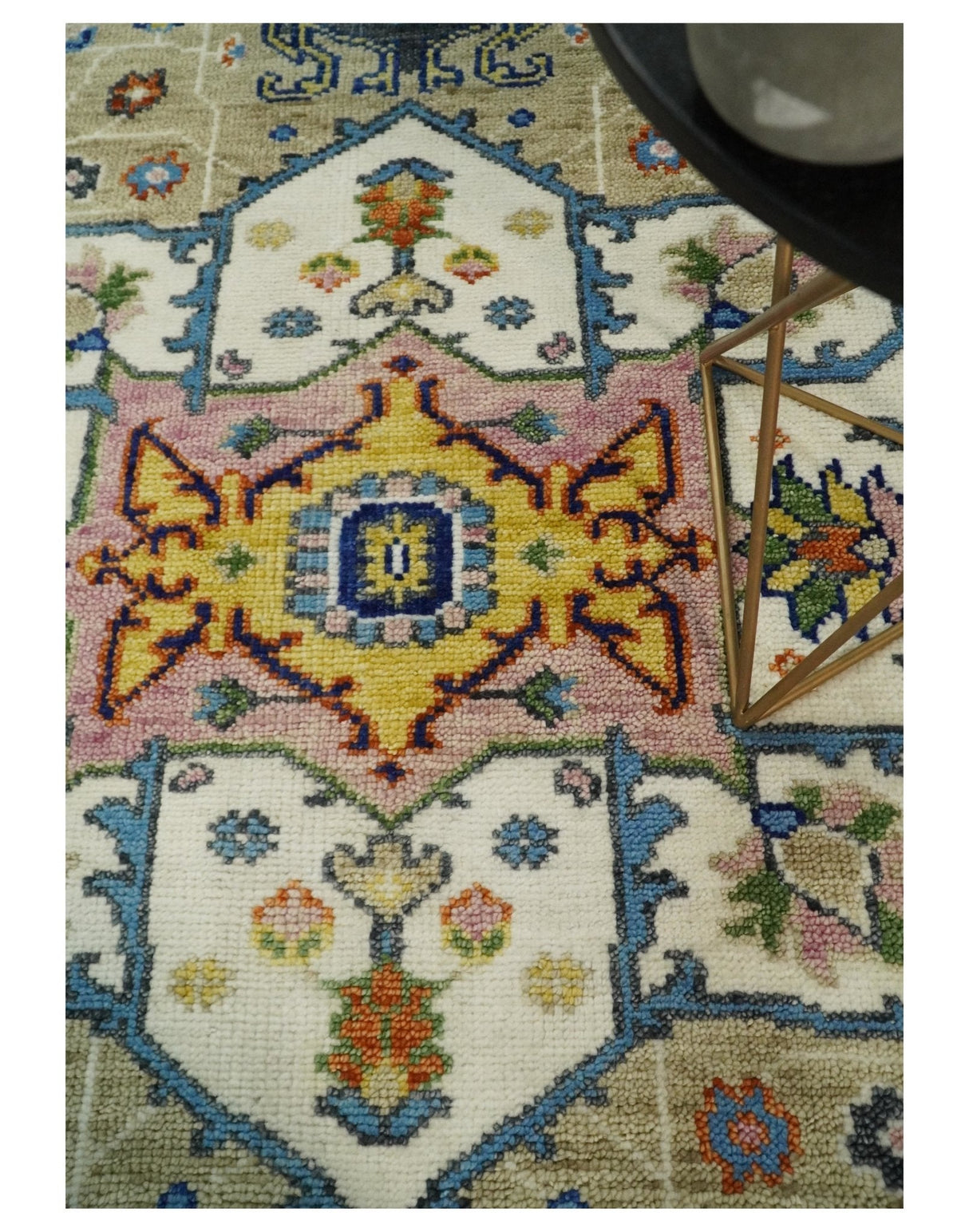 Ivory, Beige, Blue and Charcoal Traditional Heriz Hand Knotted Multi Size Wool Area Rug-Parc Decor