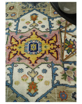 Ivory, Beige, Blue and Charcoal Traditional Heriz Hand Knotted Multi Size Wool Area Rug-Parc Decor