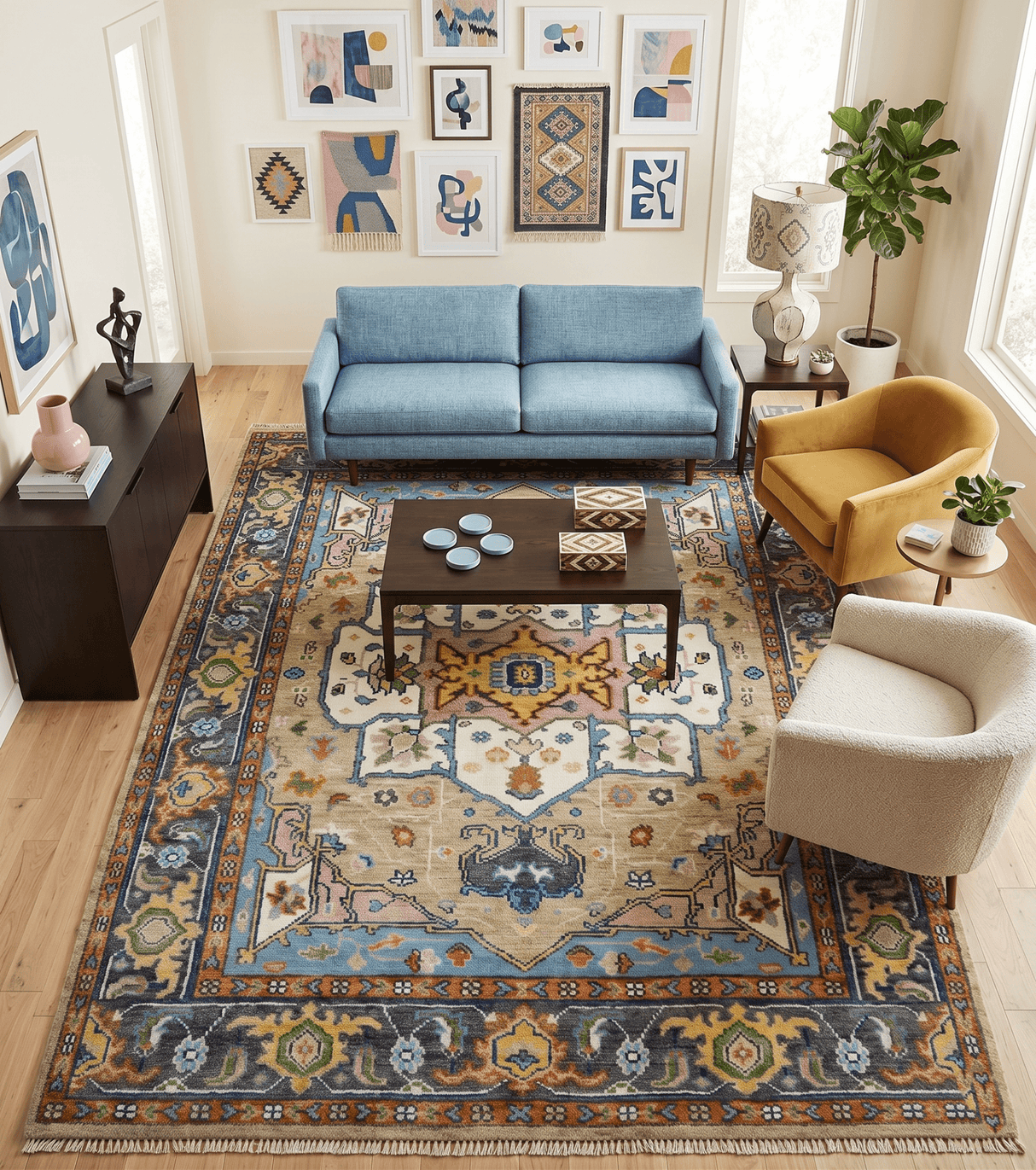 Ivory, Beige, Blue and Charcoal Traditional Heriz Hand Knotted Multi Size wool Area Rug