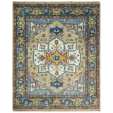Ivory, Beige, Blue and Charcoal Traditional Heriz Hand Knotted Multi Size Wool Area Rug-Parc Decor