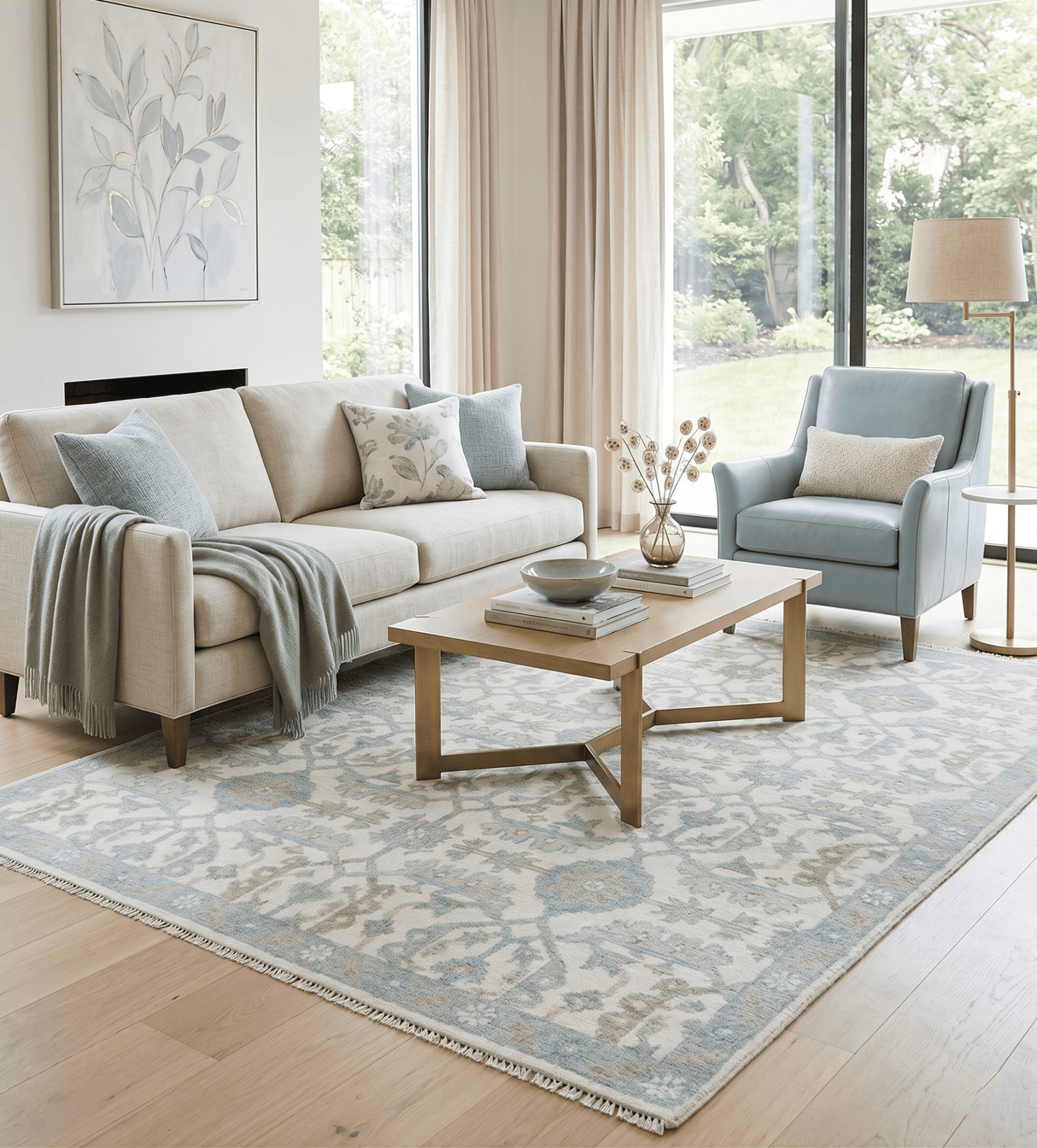 Ivory, Blue and Beige Hand knotted Traditional Large Design Multi Size wool Area Rug