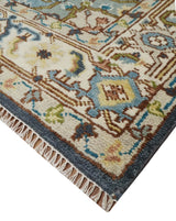 Ivory, Blue, Rust and Beige Hand knotted Traditional Heriz wool Area Rug