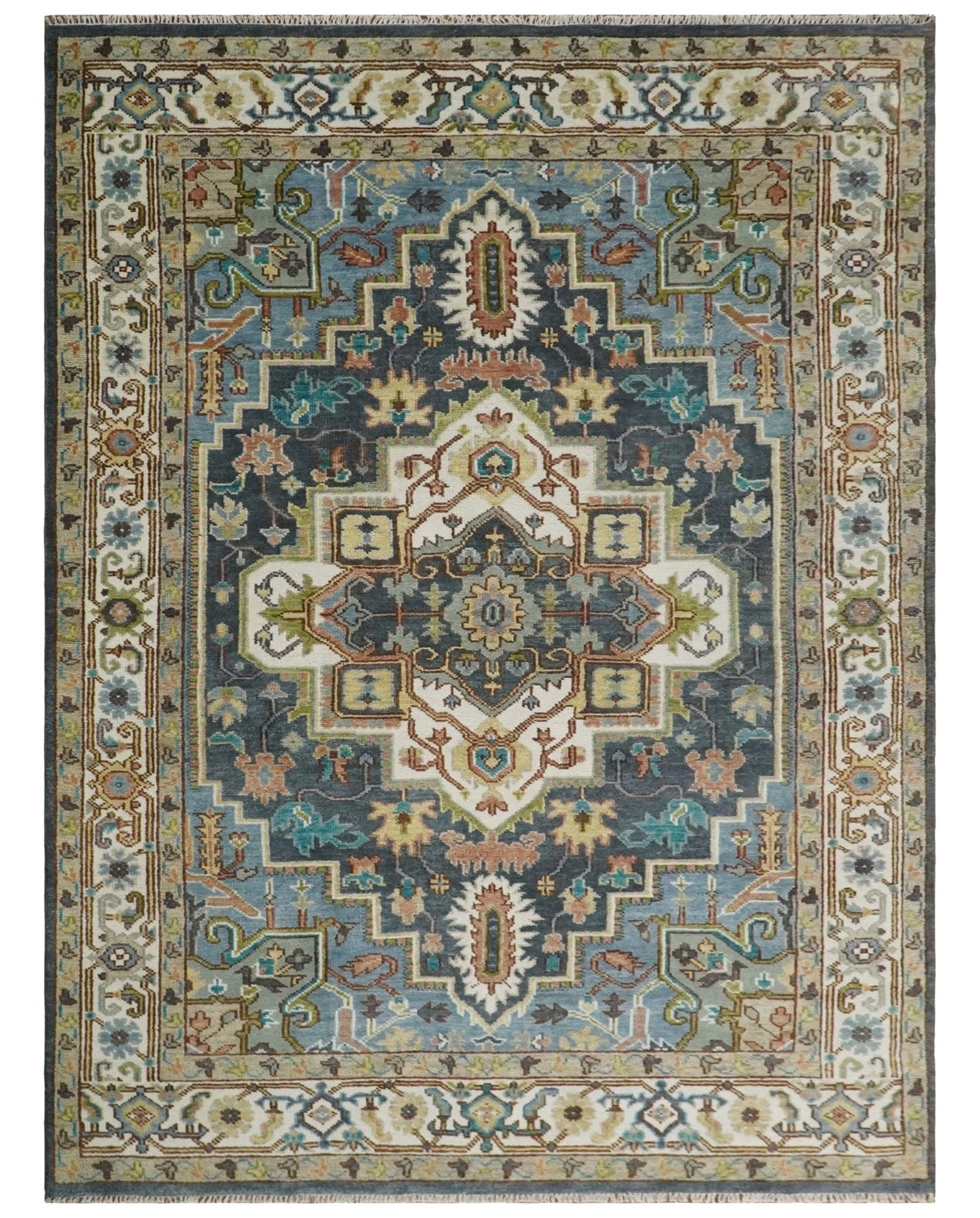 Ivory, Blue, Rust and Beige Hand knotted Traditional Heriz wool Area Rug