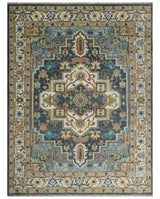 Ivory, Blue, Rust and Beige Hand knotted Traditional Heriz wool Area Rug