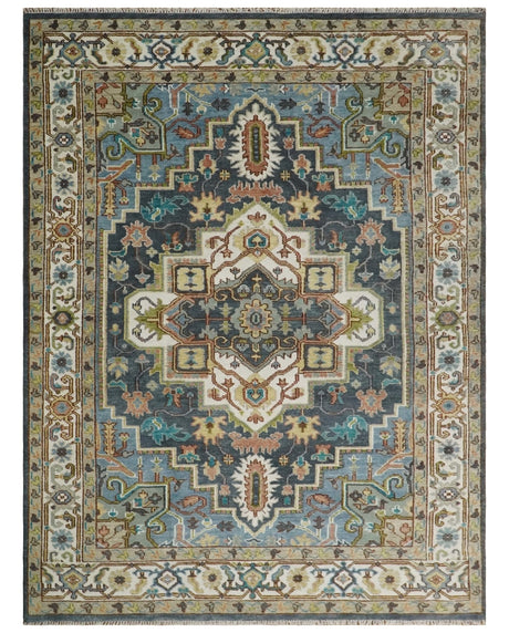 Ivory, Blue, Rust and Beige Hand knotted Traditional Heriz wool Area Rug