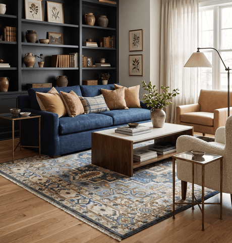 Ivory, Blue, Rust and Beige Hand knotted Traditional Heriz wool Area Rug