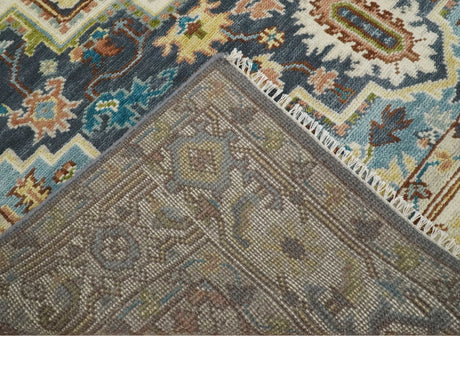 Ivory, Blue, Rust and Beige Hand knotted Traditional Heriz wool Area Rug