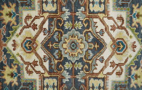 Ivory, Blue, Rust and Beige Hand knotted Traditional Heriz wool Area Rug