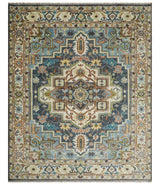 Ivory, Blue, Rust and Beige Hand knotted Traditional Heriz wool Area Rug