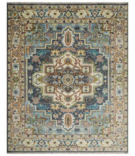 Ivory, Blue, Rust and Beige Hand knotted Traditional Heriz wool Area Rug