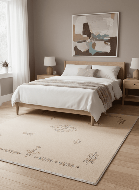 Ivory Border Patterns Hand Loomed Wool Area Rug