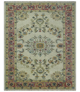 Ivory, Brown, Olive and Charcoal Traditional Heriz Medallion Custom Made Wool Area Rug