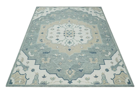 Ivory, Camel and Blue Hand Tufted Traditional Design Wool Area Rug