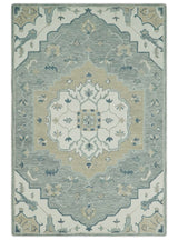Ivory, Camel and Blue Hand Tufted Traditional Design Wool Area Rug