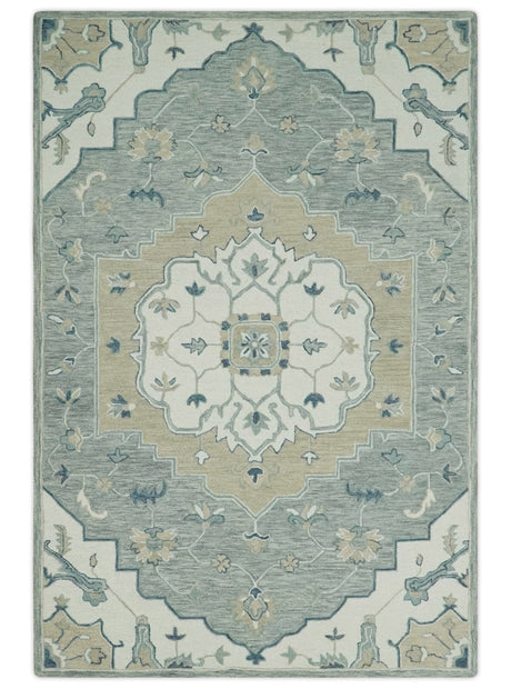 Ivory, Camel and Blue Hand Tufted Traditional Design Wool Area Rug