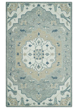 Ivory, Camel and Blue Hand Tufted Traditional Design Wool Area Rug
