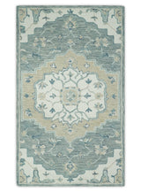 Ivory, Camel and Blue Hand Tufted Traditional Design Wool Area Rug