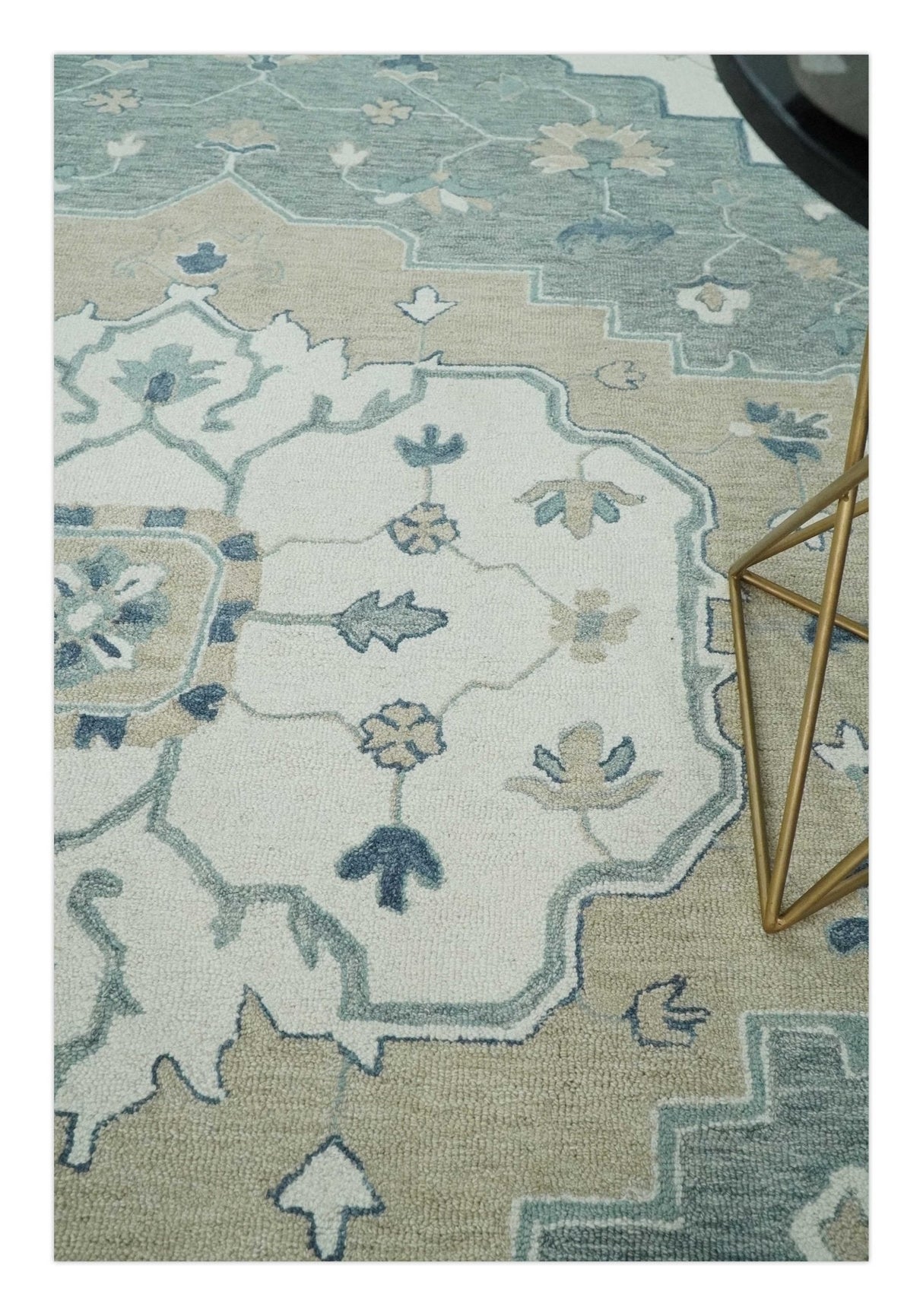 Ivory, Camel and Blue Hand Tufted Traditional Design Wool Area Rug