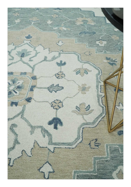 Ivory, Camel and Blue Hand Tufted Traditional Design Wool Area Rug