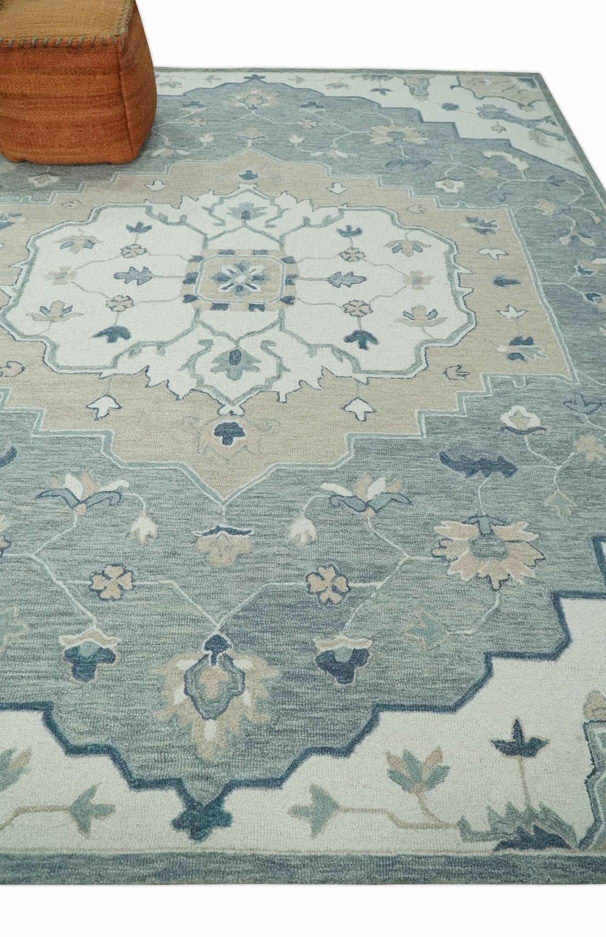 Ivory, Camel and Blue Hand Tufted Traditional Design Wool Area Rug