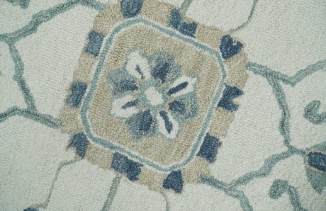 Ivory, Camel and Blue Hand Tufted Traditional Design Wool Area Rug
