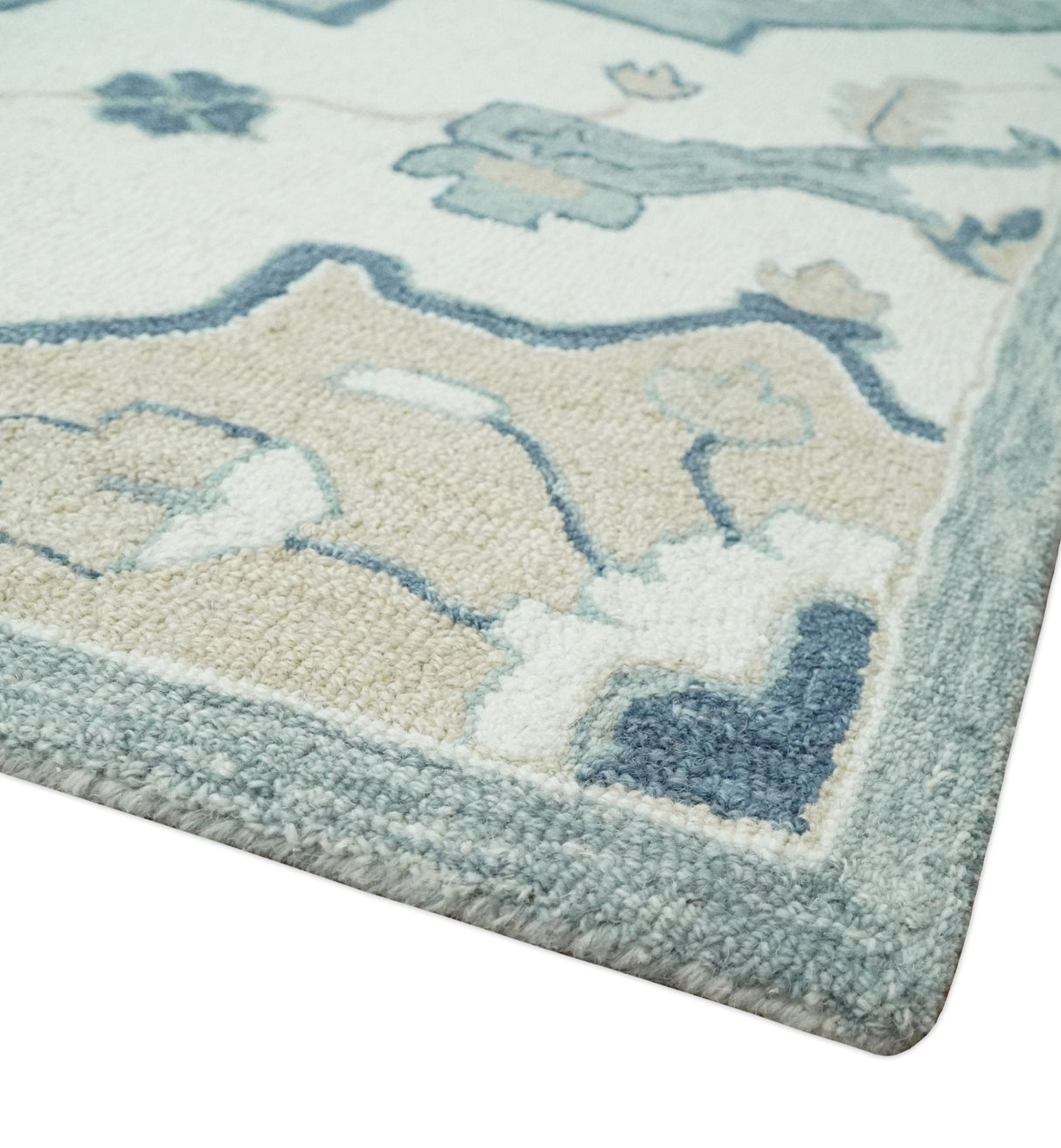 Ivory, Camel and Blue Hand Tufted Traditional Design Wool Area Rug