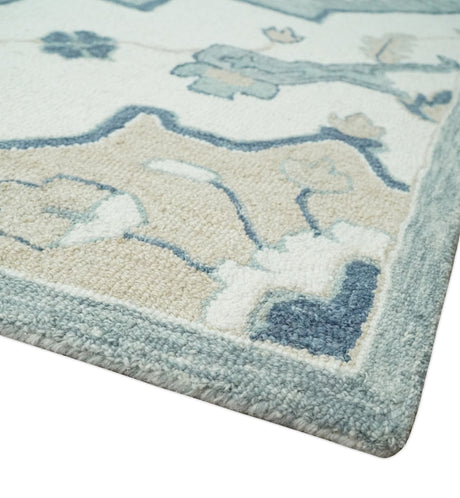 Ivory, Camel and Blue Hand Tufted Traditional Design Wool Area Rug