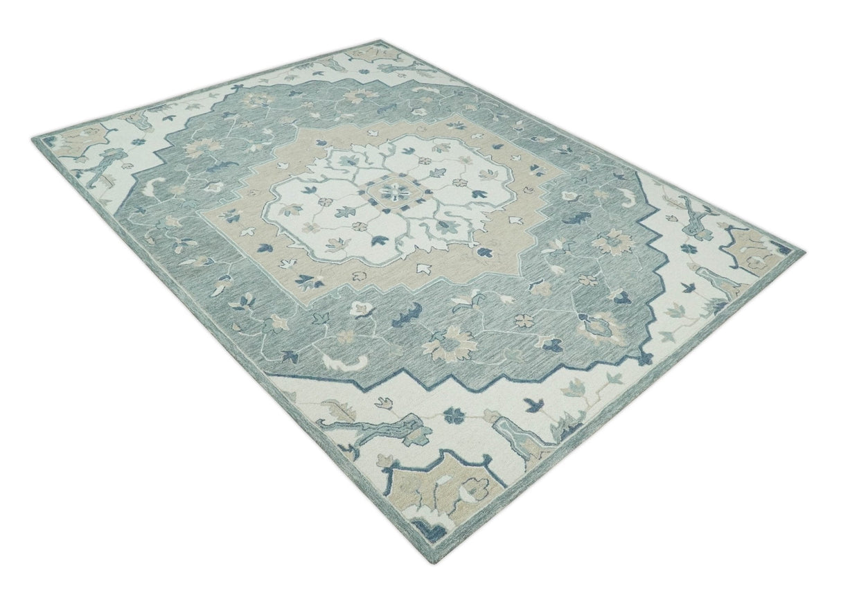 Ivory, Camel and Blue Hand Tufted Traditional Design Wool Area Rug