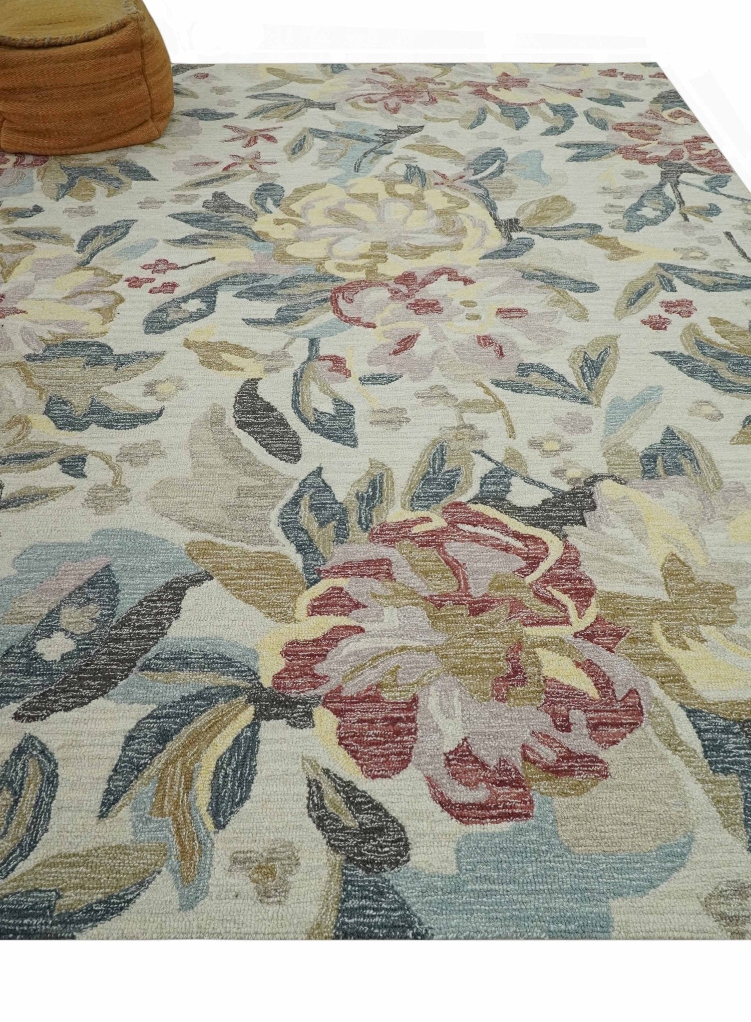 Ivory, Charcoal and Olive Floral Design 8x10 Colorful Hand Tufted wool rug