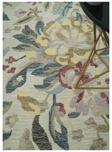 Ivory, Charcoal and Olive Floral Design 8x10 Colorful Hand Tufted wool rug