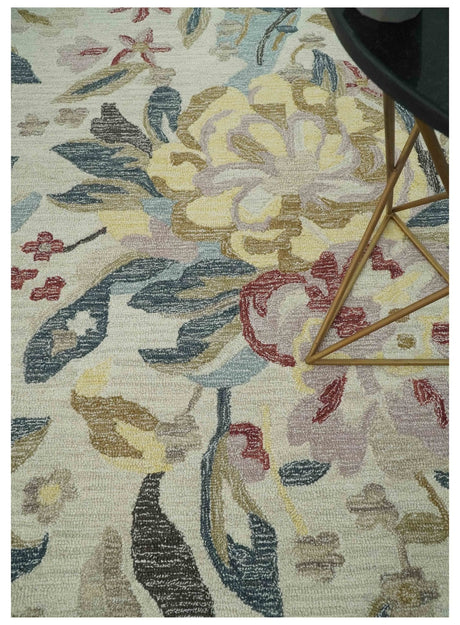 Ivory, Charcoal and Olive Floral Design 8x10 Colorful Hand Tufted wool rug