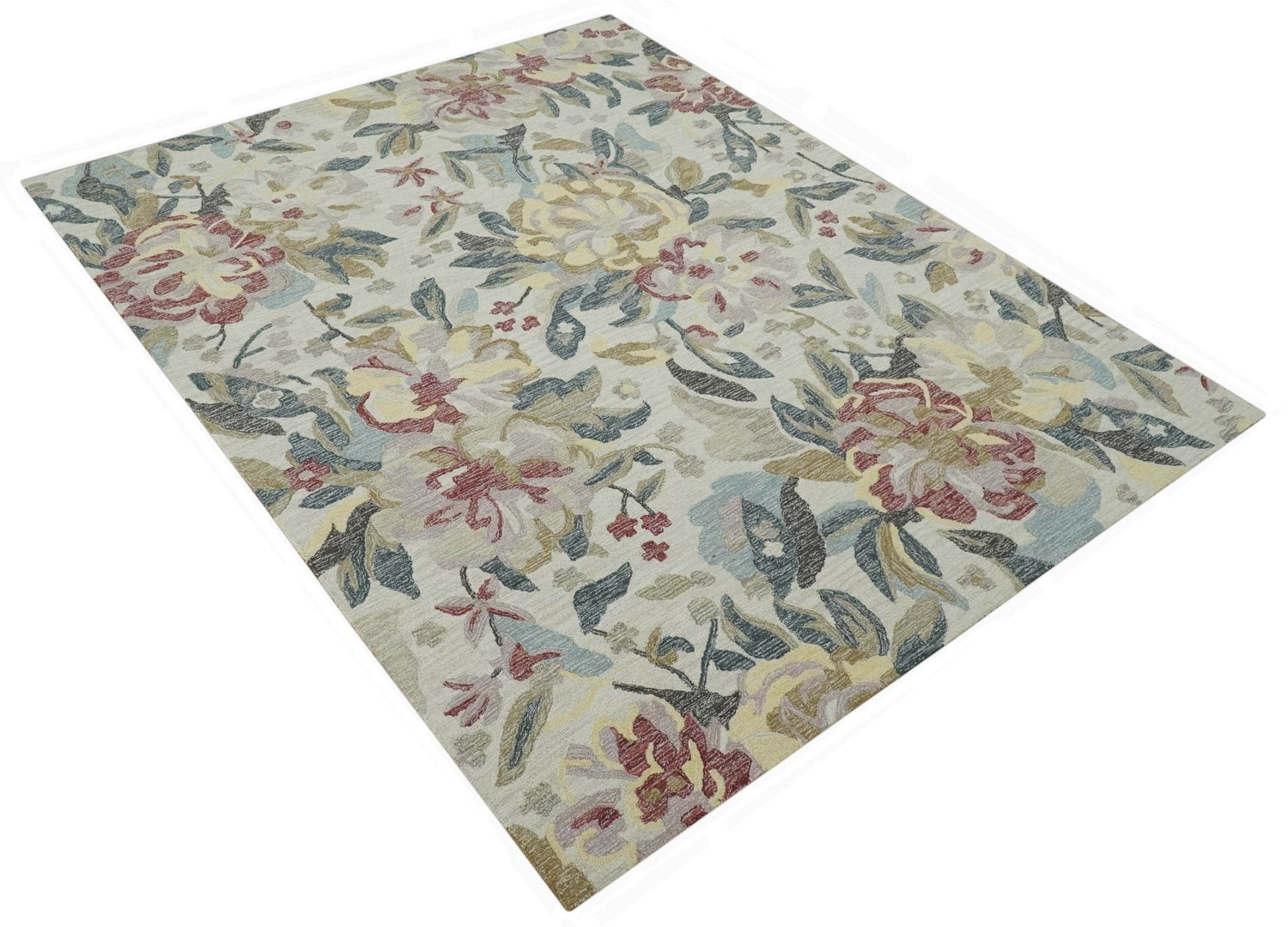 Ivory, Charcoal and Olive Floral Design 8x10 Colorful Hand Tufted wool rug