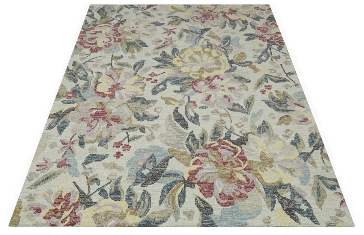 Ivory, Charcoal and Olive Floral Design 8x10 Colorful Hand Tufted wool rug
