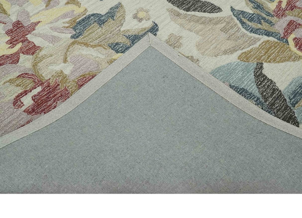 Ivory, Charcoal and Olive Floral Design 8x10 Colorful Hand Tufted wool rug
