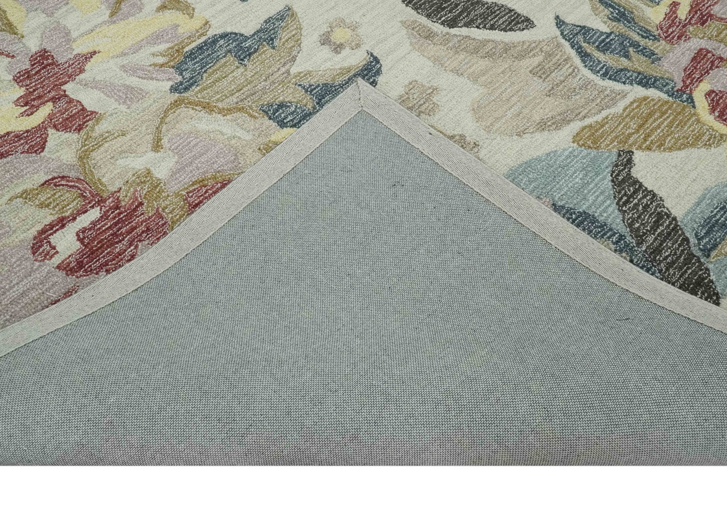 Ivory, Charcoal and Olive Floral Design 8x10 Colorful Hand Tufted wool rug