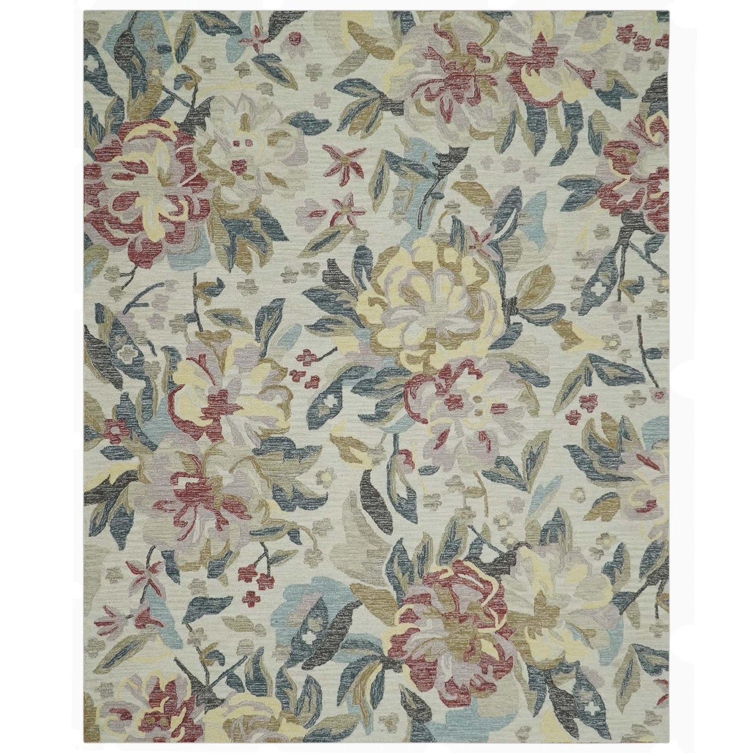 Ivory, Charcoal and Olive Floral Design 8x10 Colorful Hand Tufted wool rug
